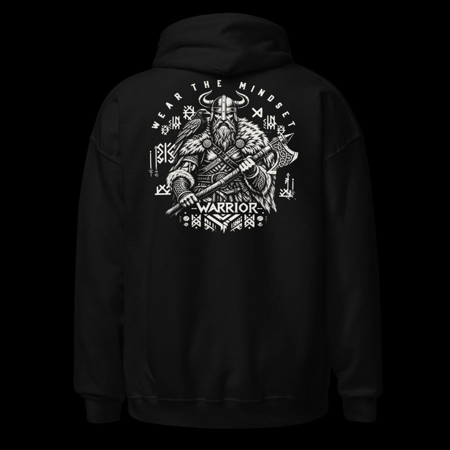 Warrior Viking gym hoodie in black, back with engraved Viking, raven, axe and Nordic symbols