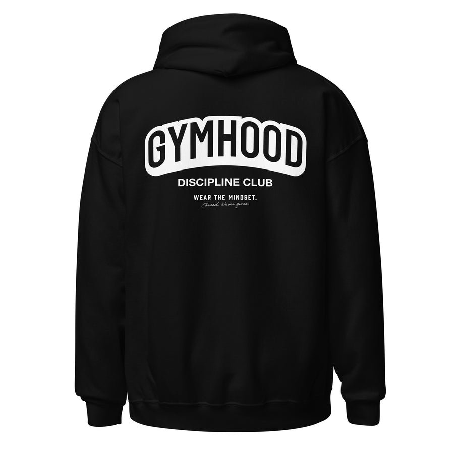 Discipline Club Gym Hoodie in black, back view