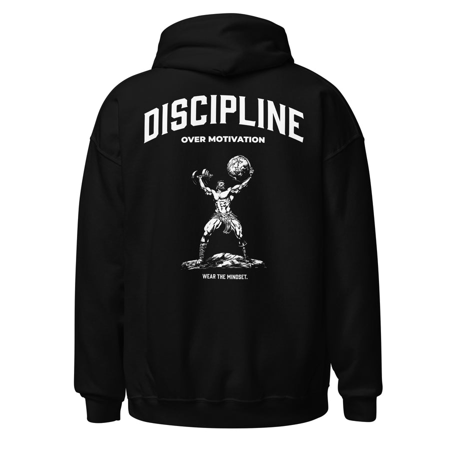 Hercules Discipline Over Motivation Hoodie in black, back view