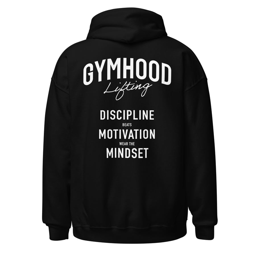 Discipline Wear the Mindset Gym Hoodie in black, back view