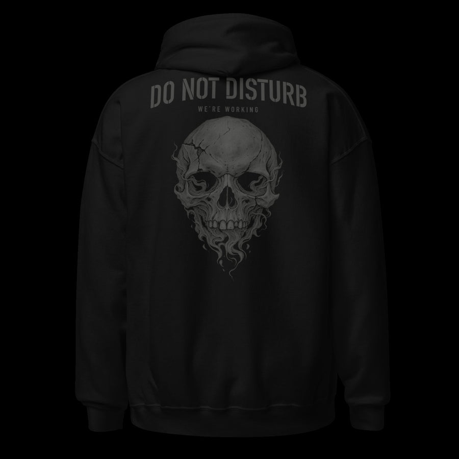Ghost Mode gym hoodie in black, back view with dark-grey skull and Do Not Disturb lettering