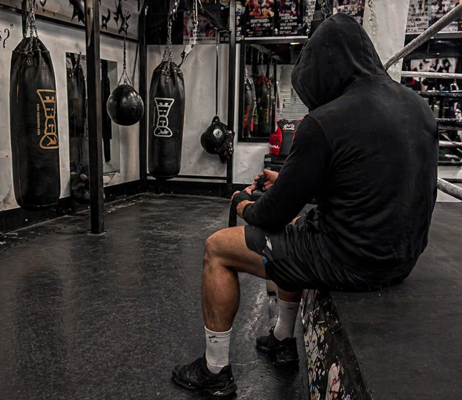 Athlete in a black hoodie inside Davies Boxing Gym