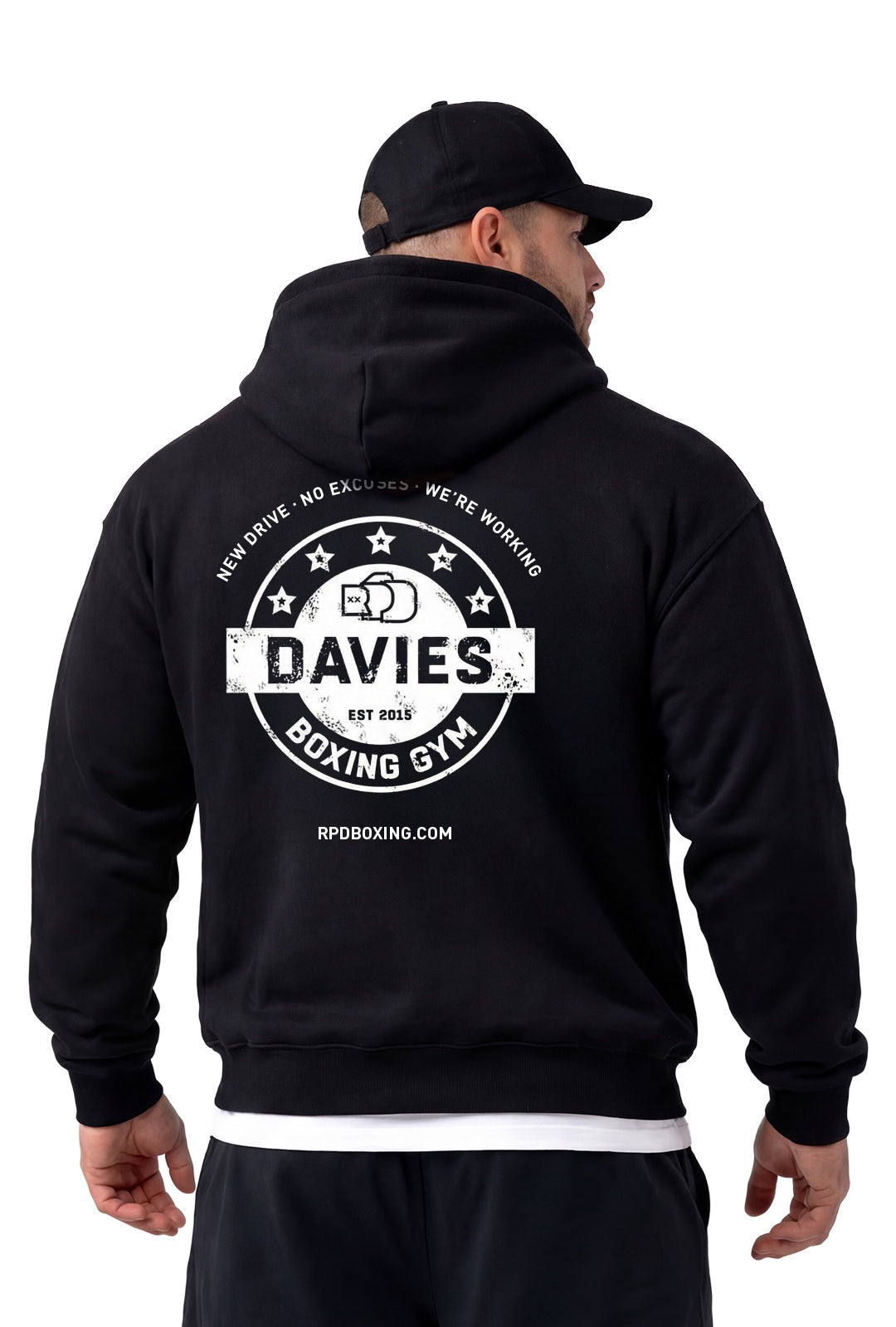 Davies Boxing Gym collaboration hoodie shown from the back